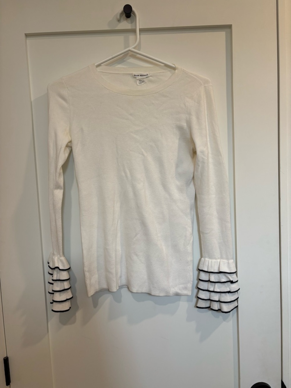 Club Monaco White Long-Sleeve Top with Black-Trim Ruffle Cuffs